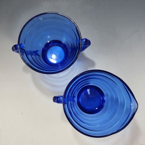 VTG Moderntone Creamer & Open Sugar Set 2 pc Cobalt Blue Hazel Atlas Glass 1930s - Picture 3 of 6